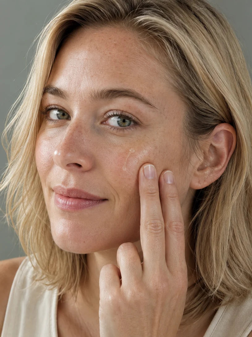 Frau trägt transparentes Serum mit den Fingerspitzen auf die Wange auf.