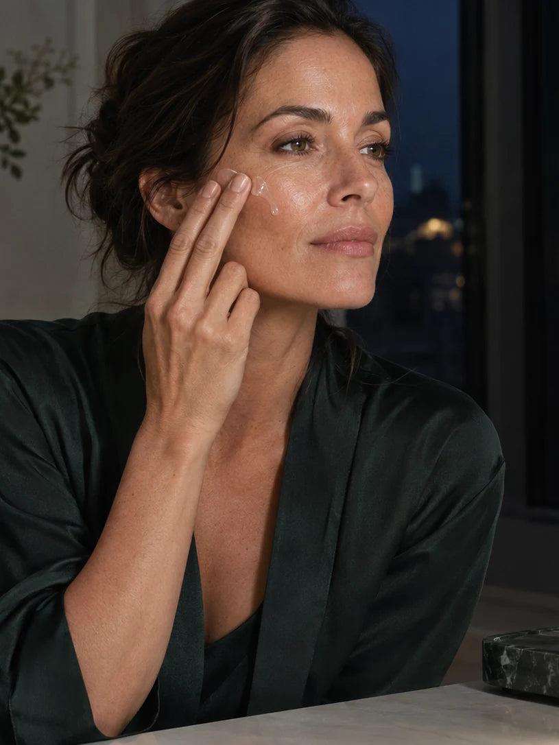 Woman patting clear serum onto her cheek with her fingertips in the evening.