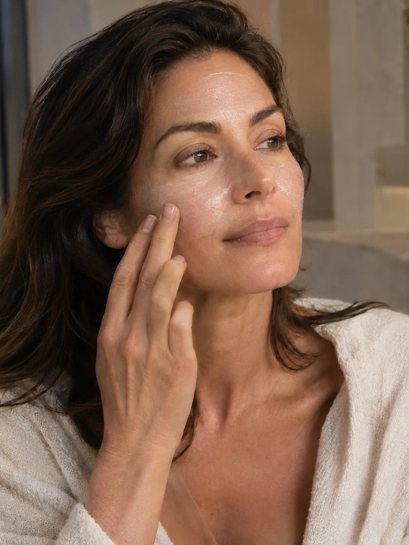 Woman applying a thin care mask to her cheek with her fingertips.
