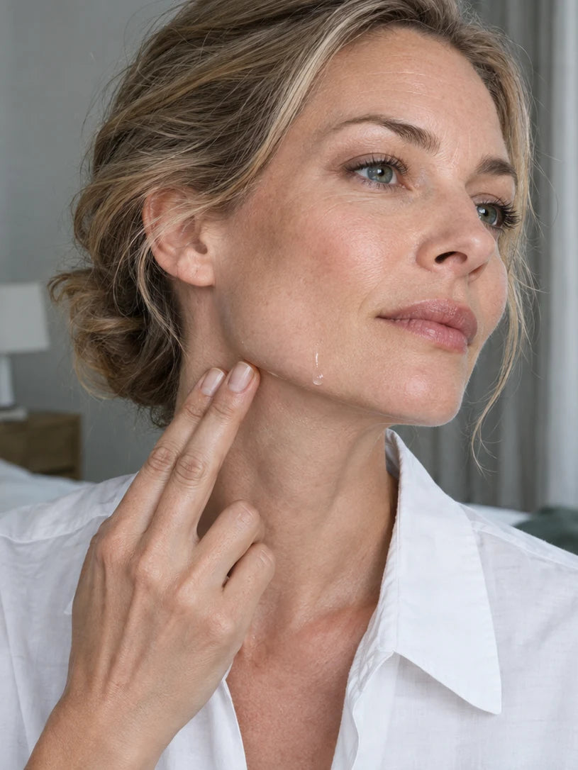 Woman applying clear serum along her jawline in the morning.
